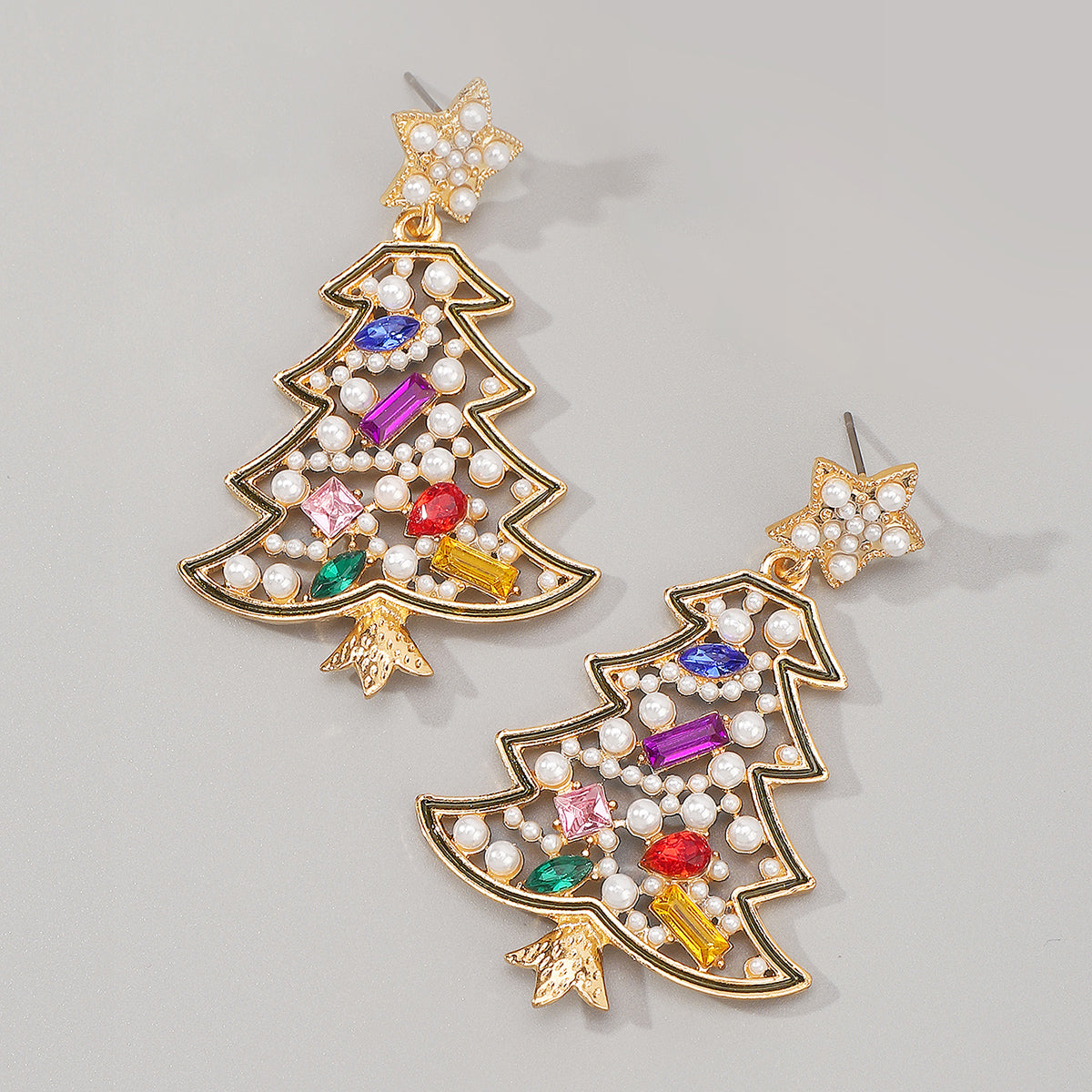 E12061 Colored Rhinestone Christmas Tree Dangle Earrings