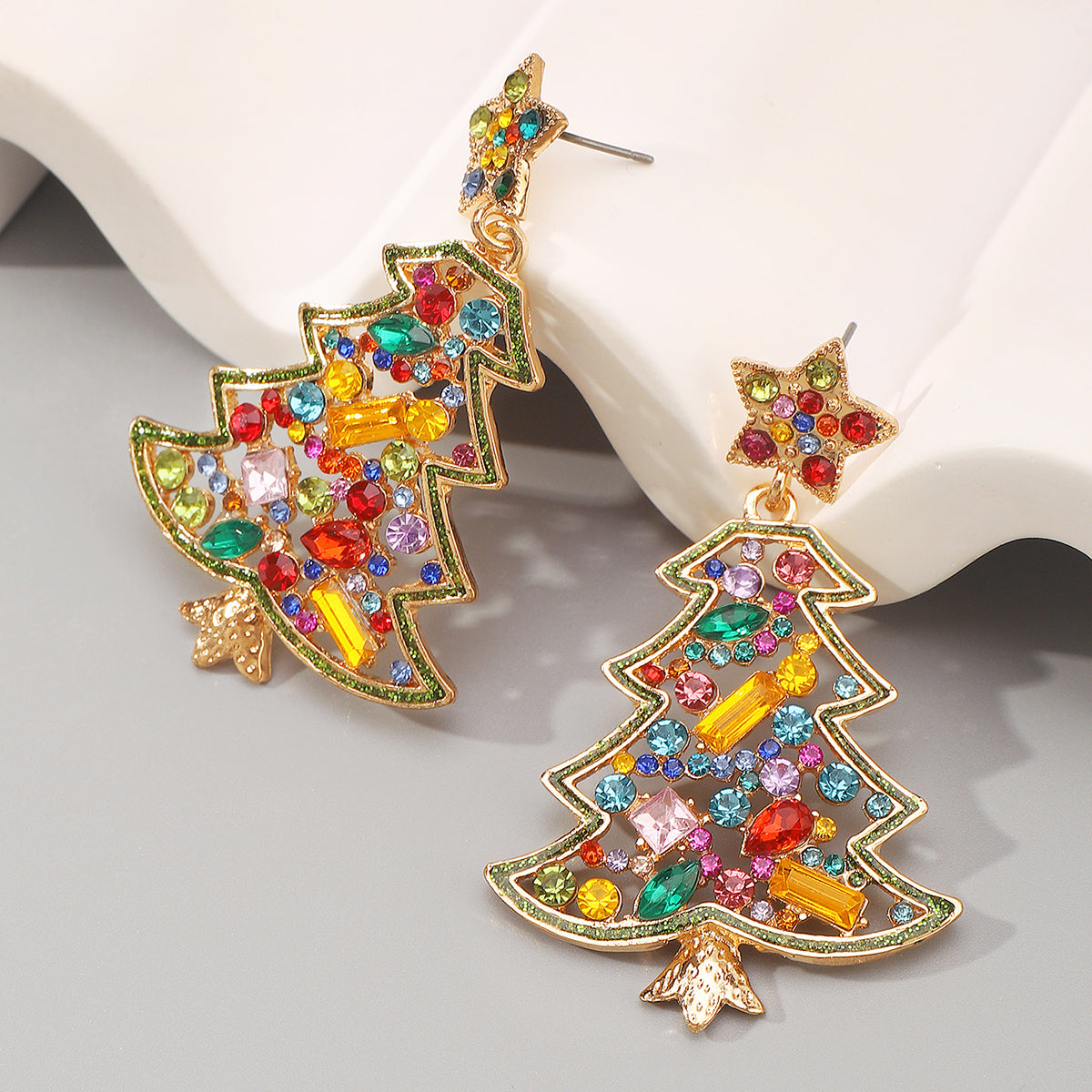 E12061 Colored Rhinestone Christmas Tree Dangle Earrings