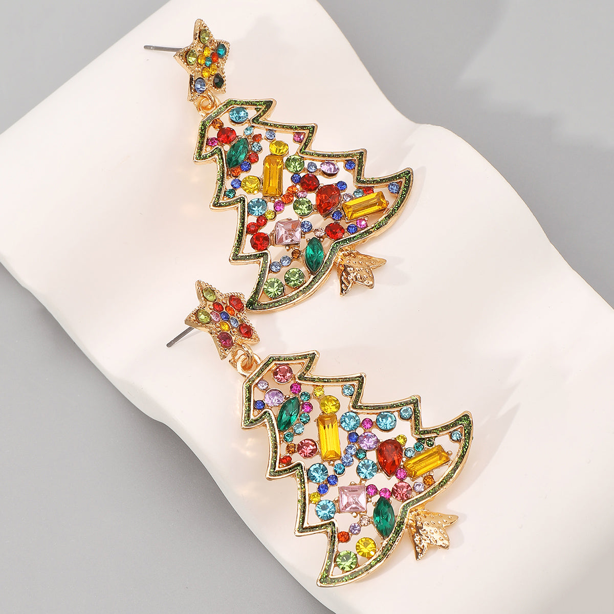 E12061 Colored Rhinestone Christmas Tree Dangle Earrings