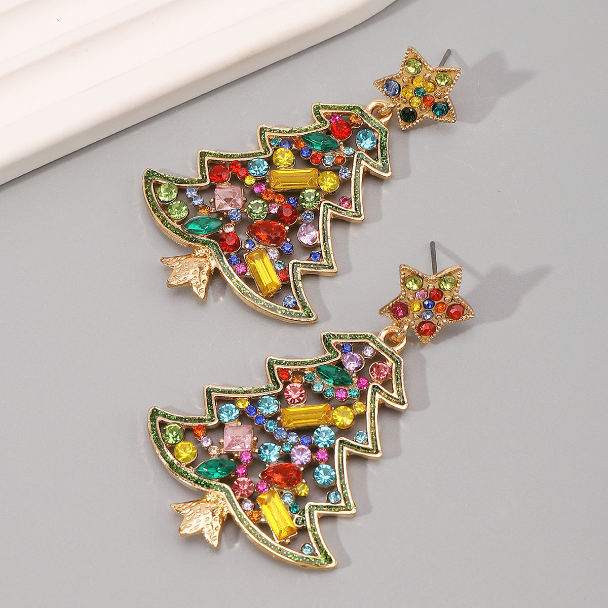 E12061 Colored Rhinestone Christmas Tree Dangle Earrings
