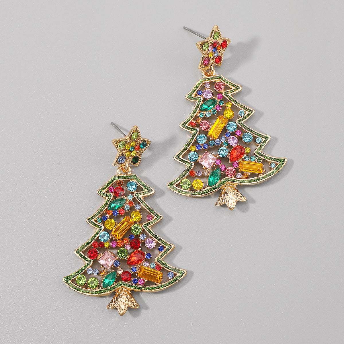 E12061 Colored Rhinestone Christmas Tree Dangle Earrings