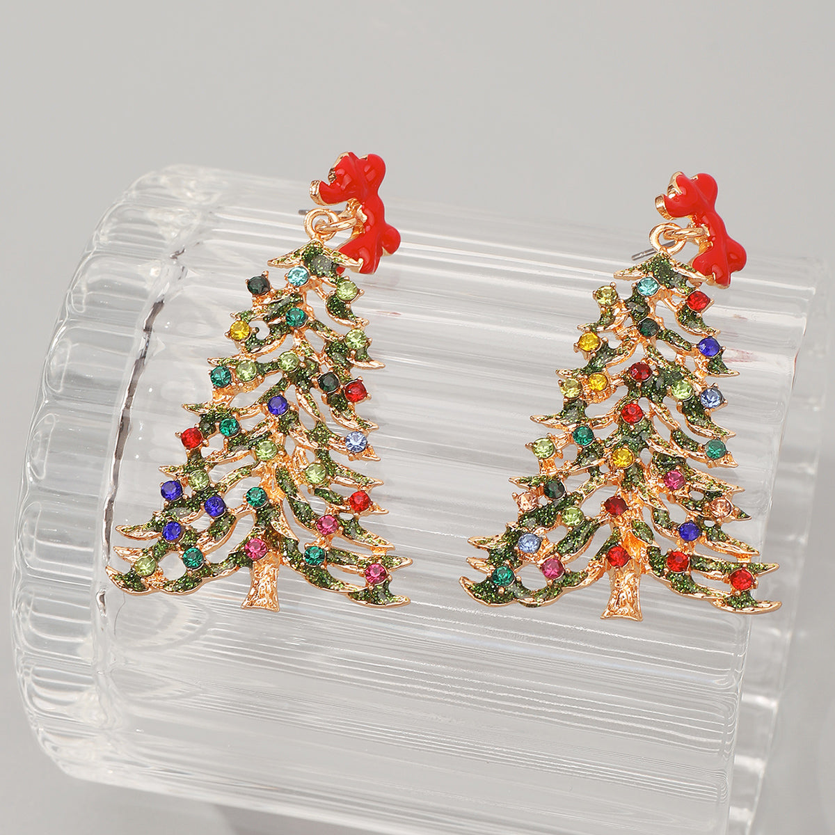 E12061 Colored Rhinestone Christmas Tree Dangle Earrings