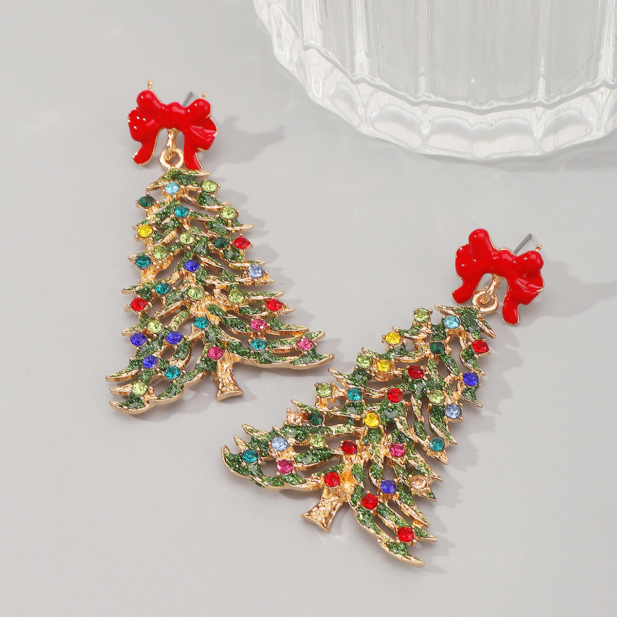 E12061 Colored Rhinestone Christmas Tree Dangle Earrings