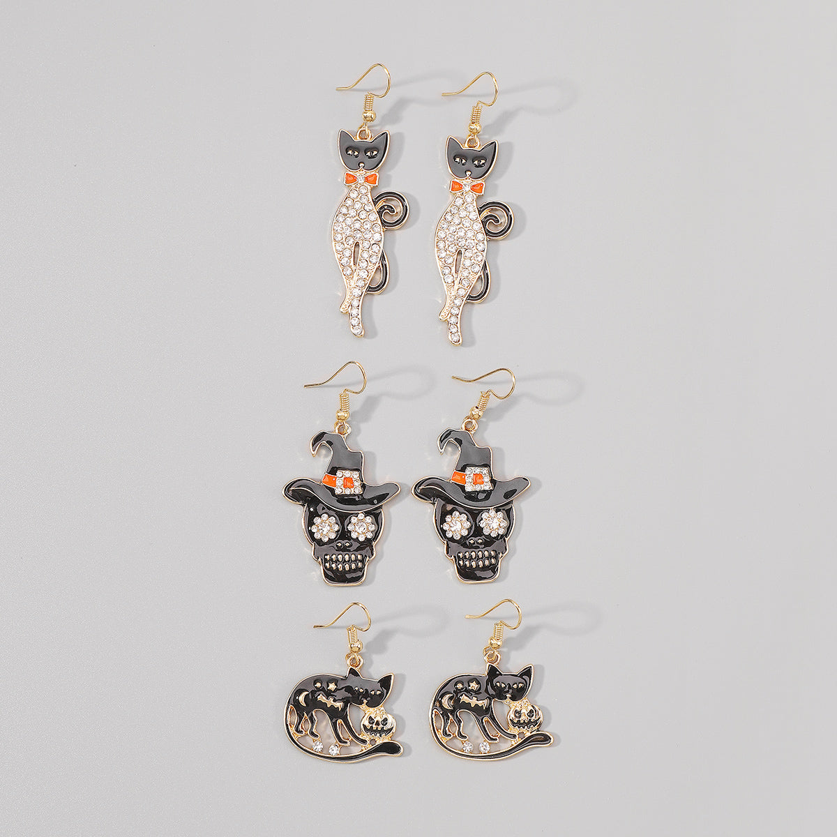 E12066 Halloween Hat Skull Pumpkin Cat Dangle Earrings
