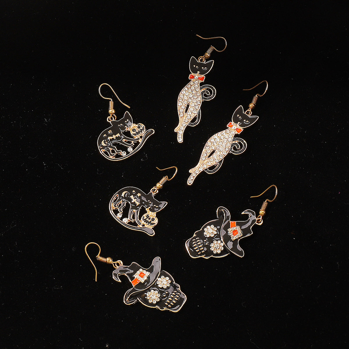 E12066 Halloween Hat Skull Pumpkin Cat Dangle Earrings