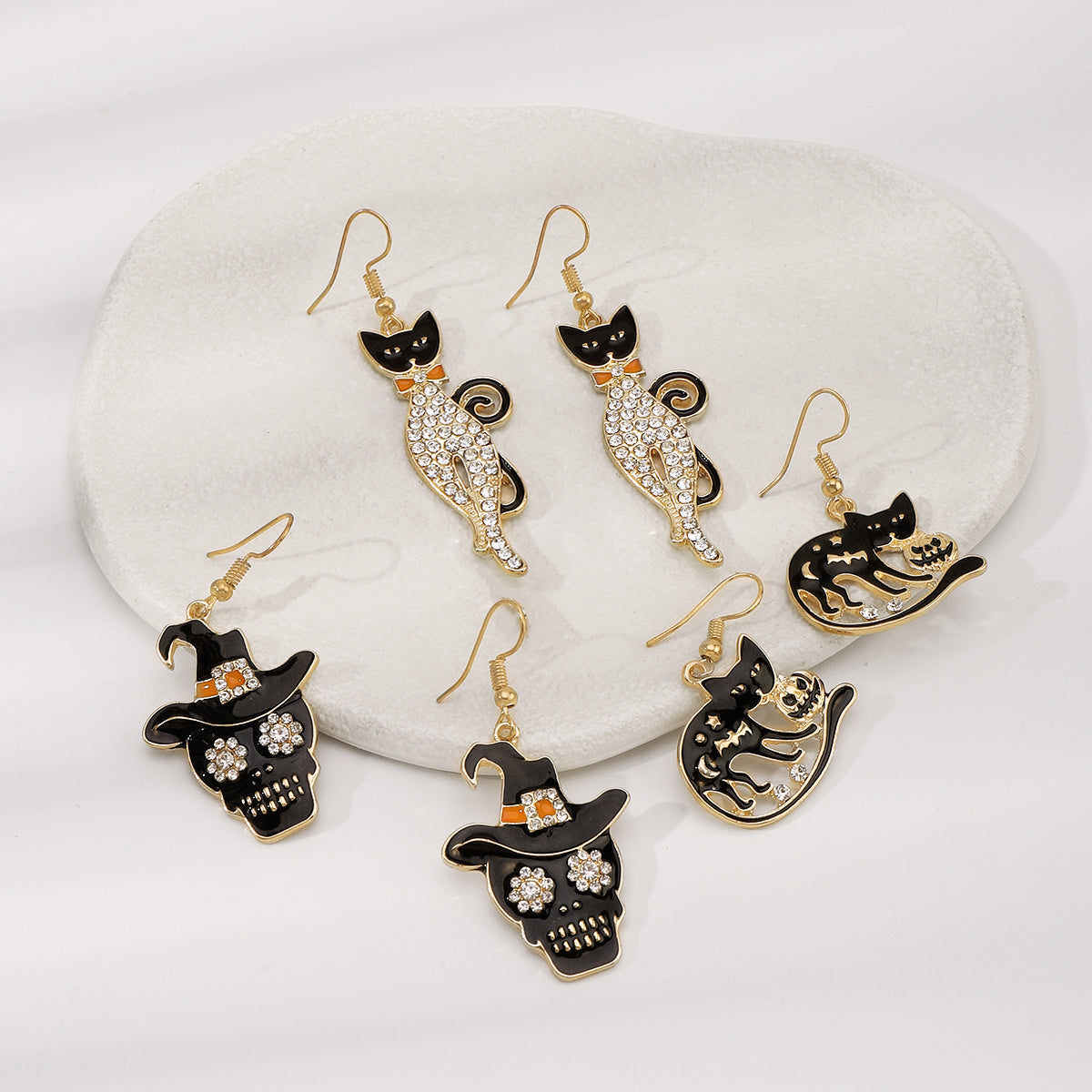 E12066 Halloween Hat Skull Pumpkin Cat Dangle Earrings