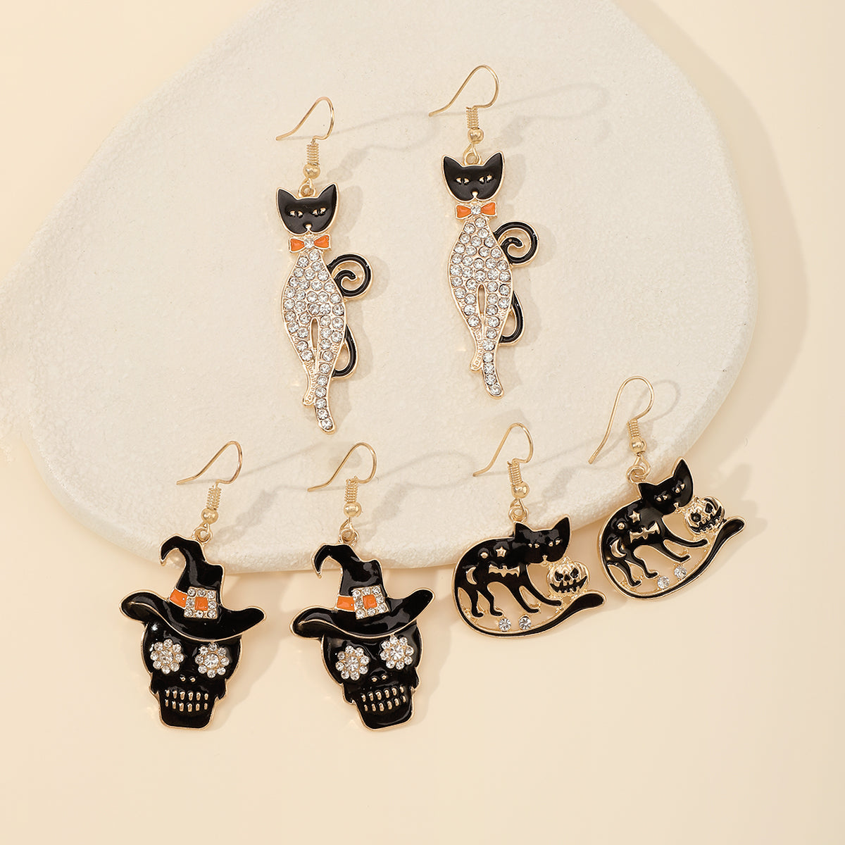 E12066 Halloween Hat Skull Pumpkin Cat Dangle Earrings