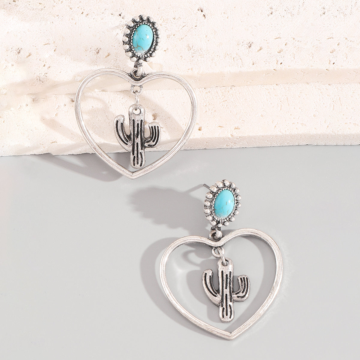 E12080 Cactus Heart Shaped Turquoise Dangle Earrings