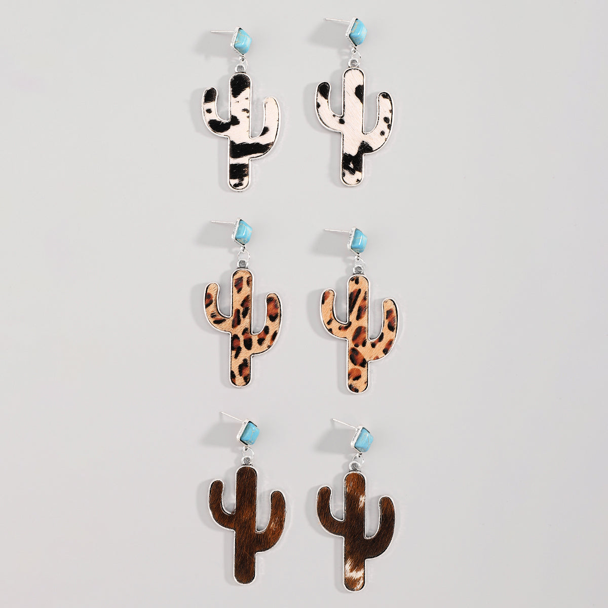 E12095 Leopard Print Turquoise Cactus Dangle Earrings