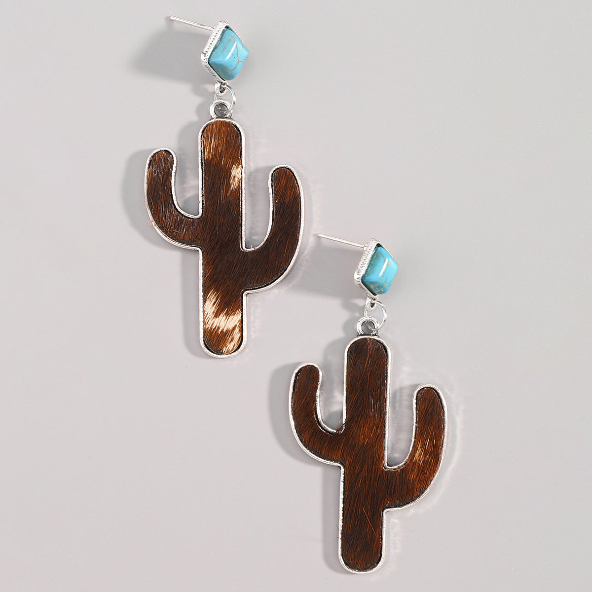 E12095 Leopard Print Turquoise Cactus Dangle Earrings