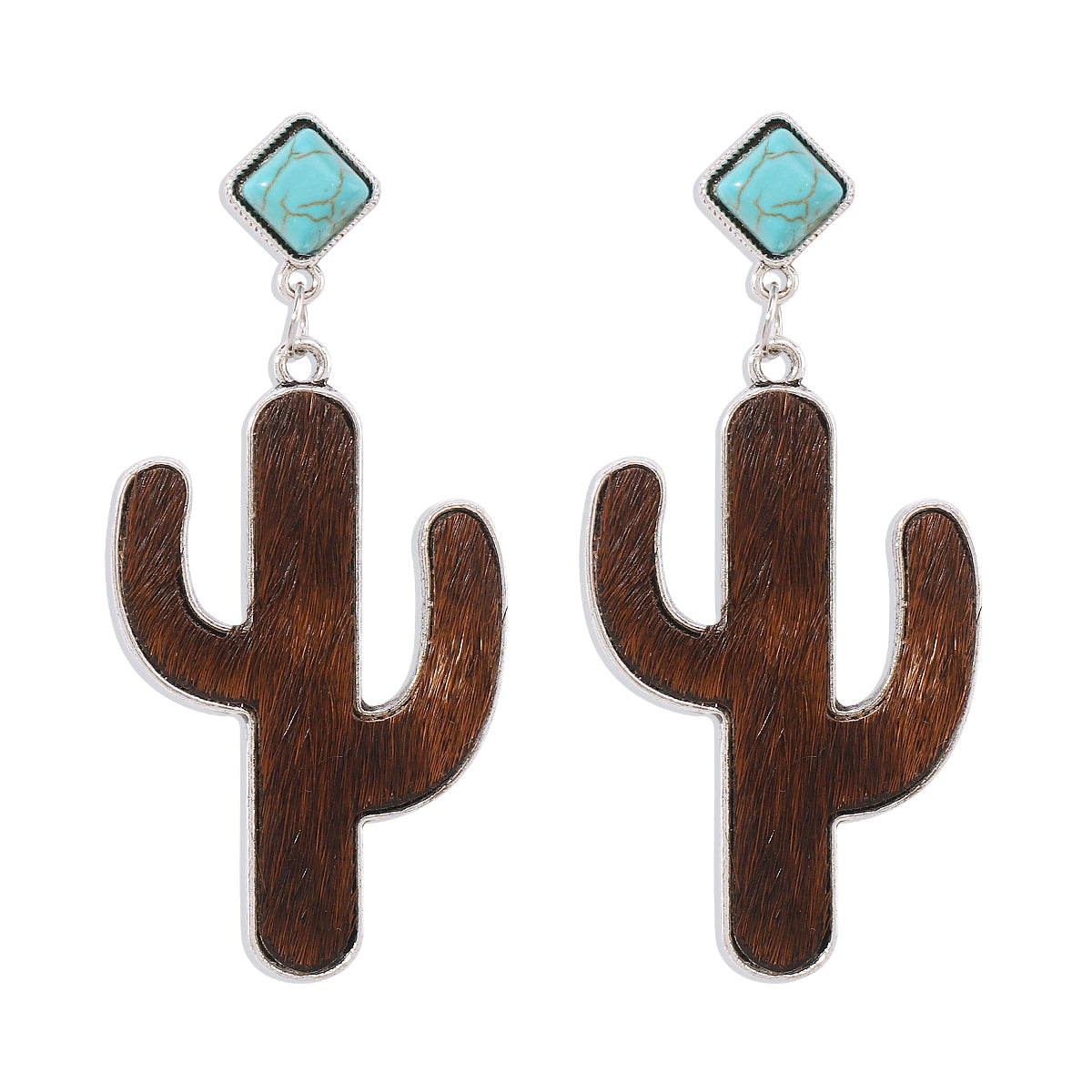 E12095 Leopard Print Turquoise Cactus Dangle Earrings