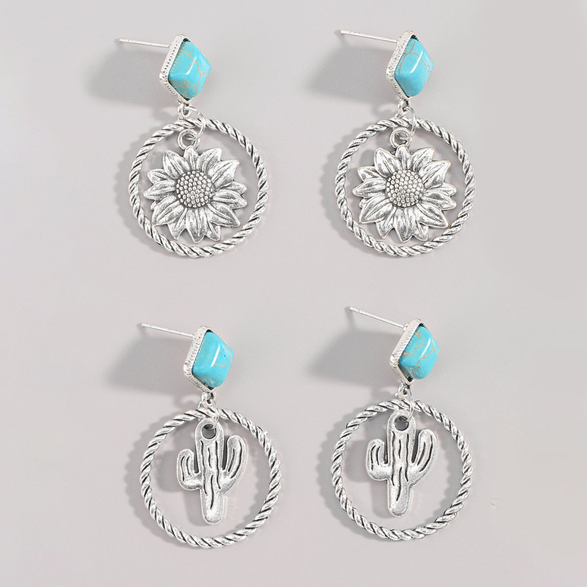 E12104 Western Silver Flower and Cactus Earrings