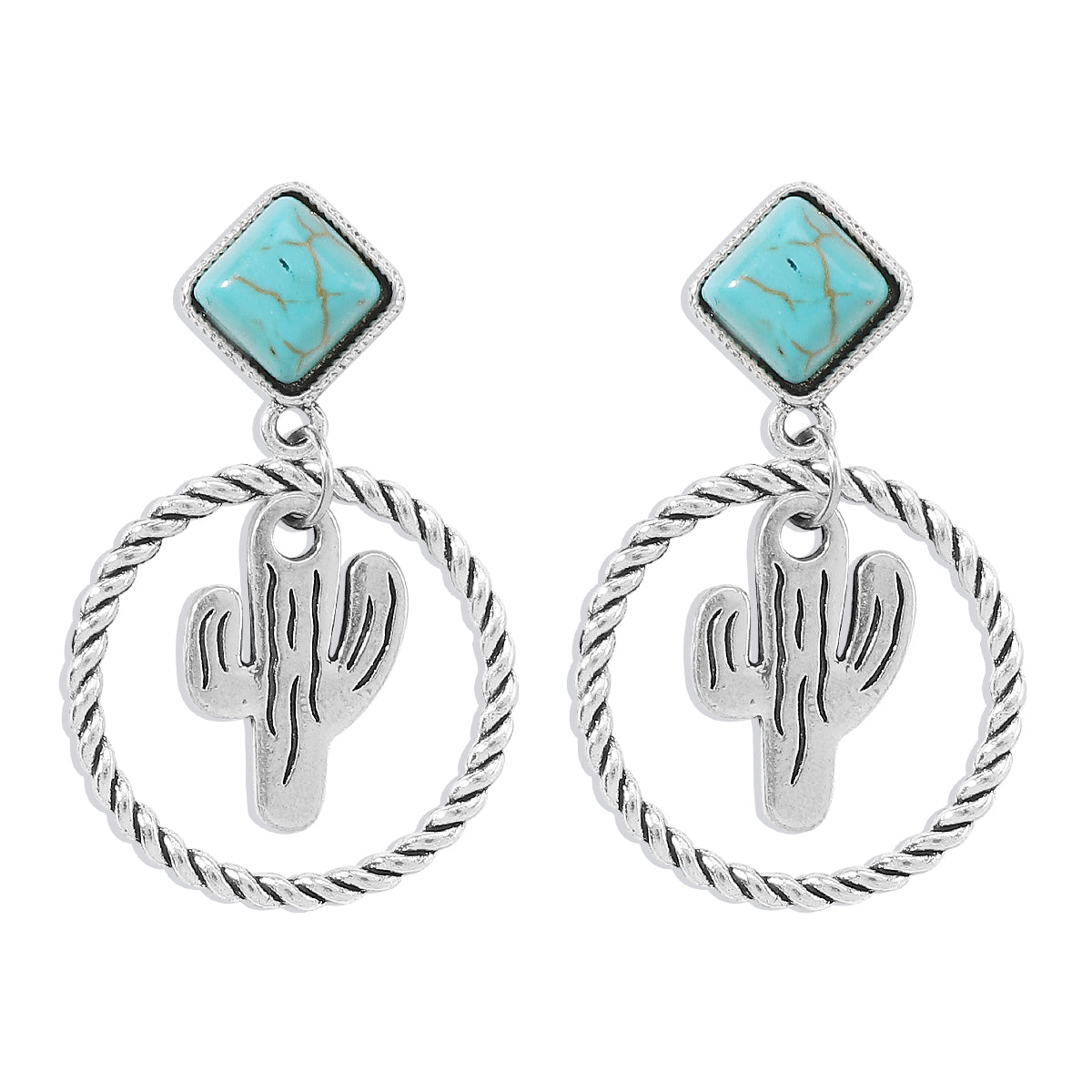 E12104 Western Silver Flower and Cactus Earrings