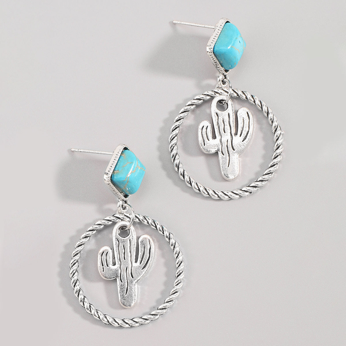 E12104 Western Silver Flower and Cactus Earrings