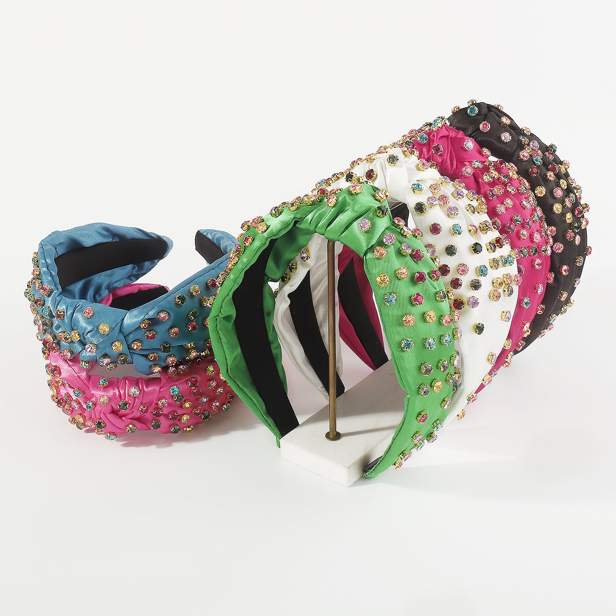 F5897 Satin Fabric Rainbow Crystal Topknot Headband