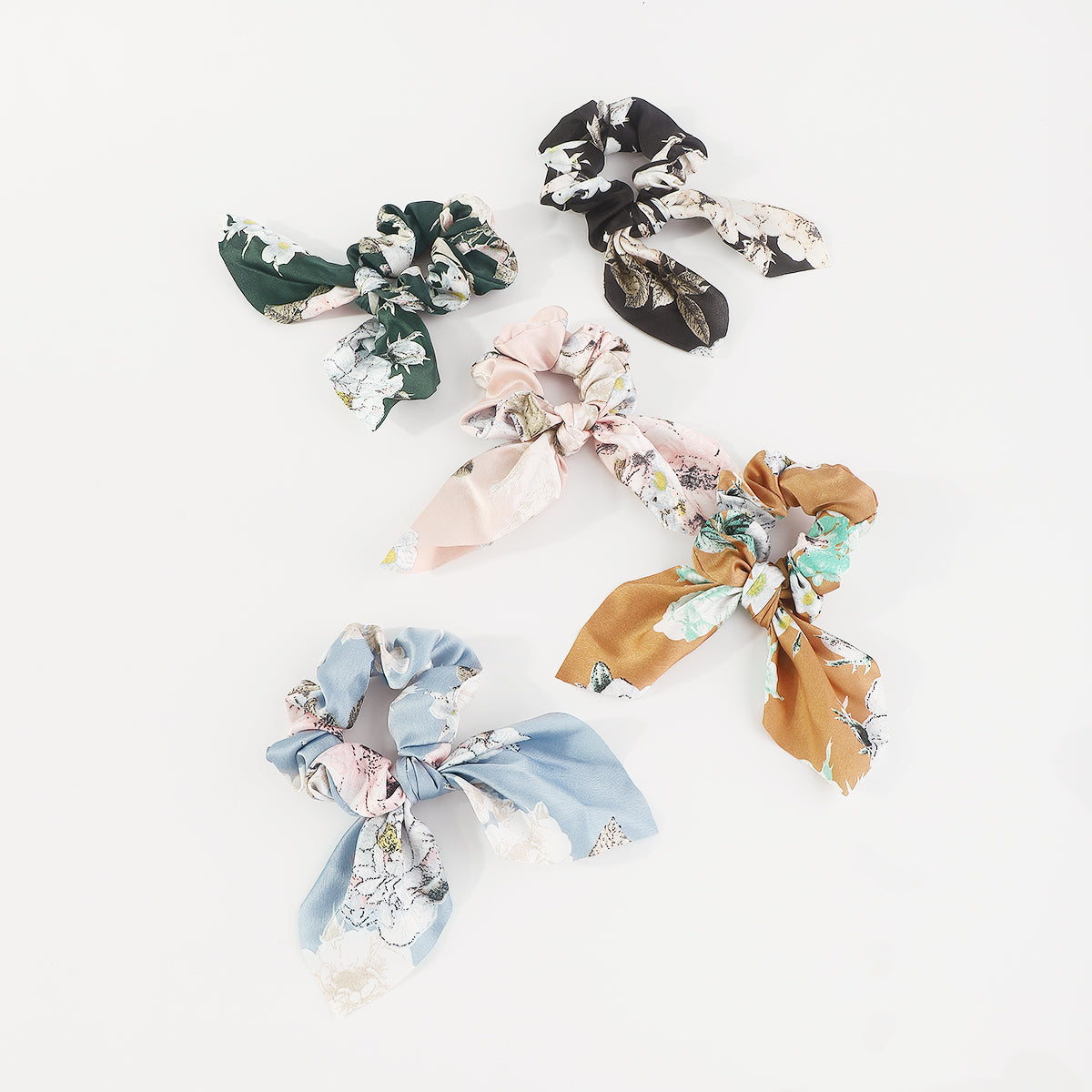 F5961 5 Pcs Floral Bow Ruched Hair Ties Set