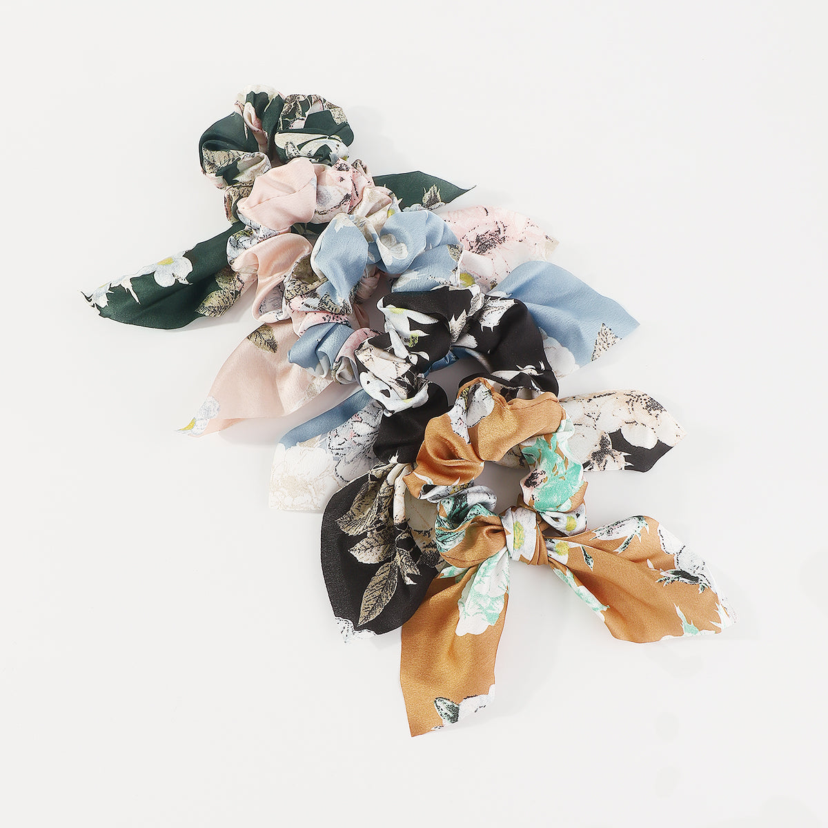 F5961 5 Pcs Floral Bow Ruched Hair Ties Set