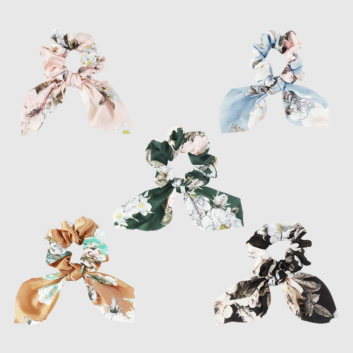 F5961 5 Pcs Floral Bow Ruched Hair Ties Set
