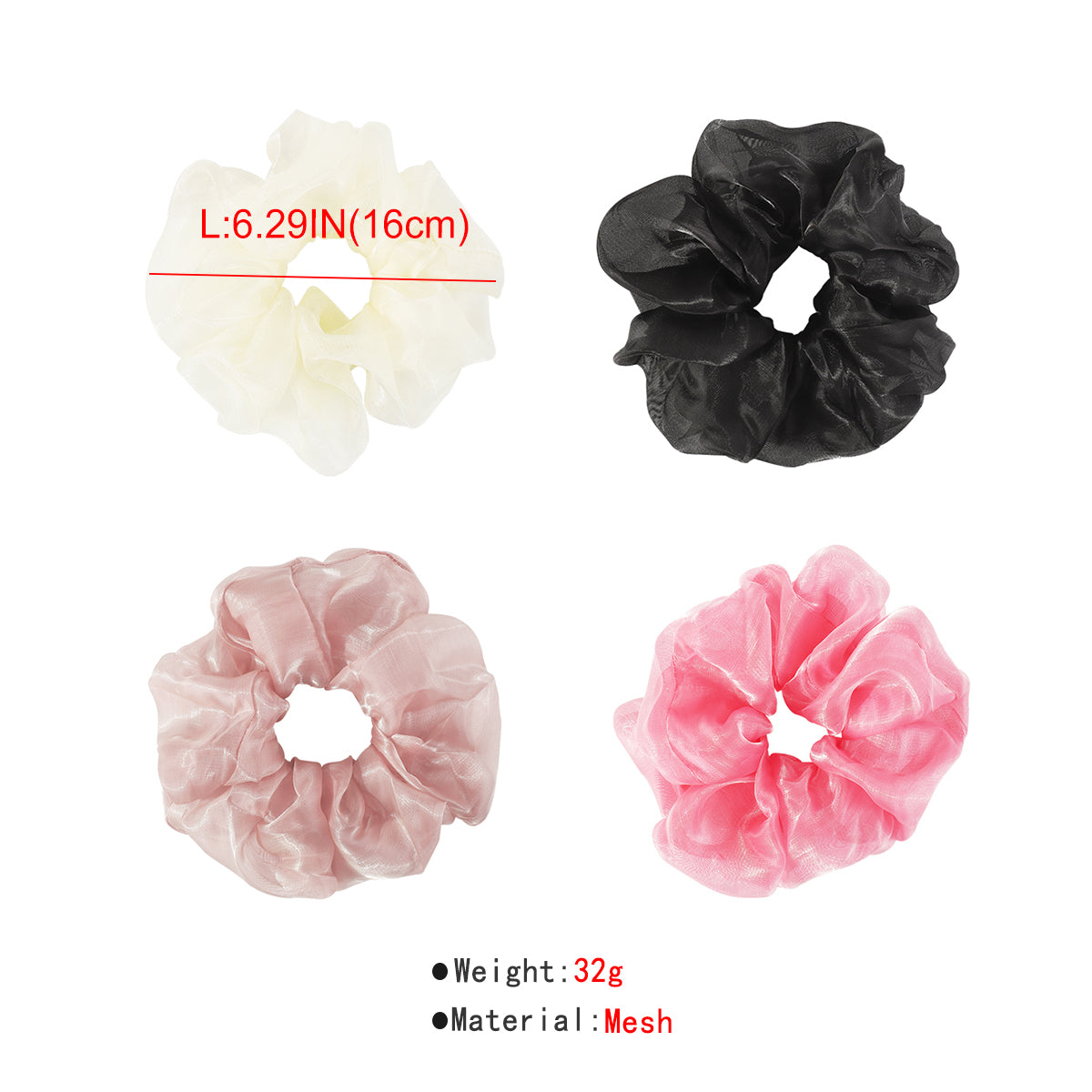 F5967 4 pcs Large Scrunchies Mesh Elastic Hair Ties Set