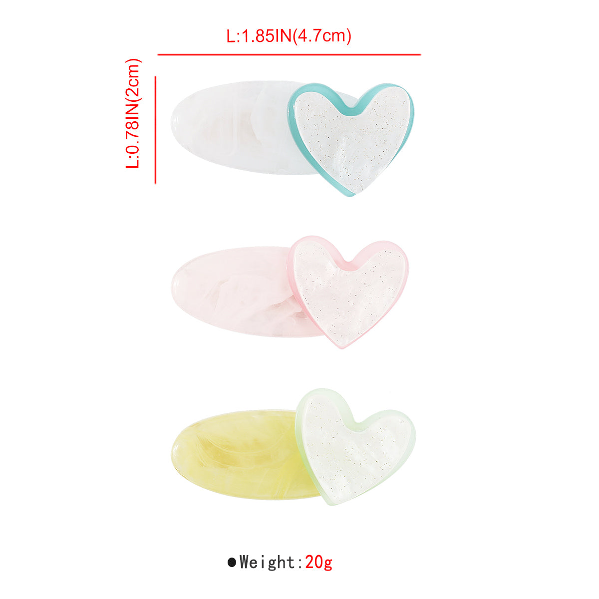 F6043 3pcs Lovely Acrylic Heart Hair Clips Set