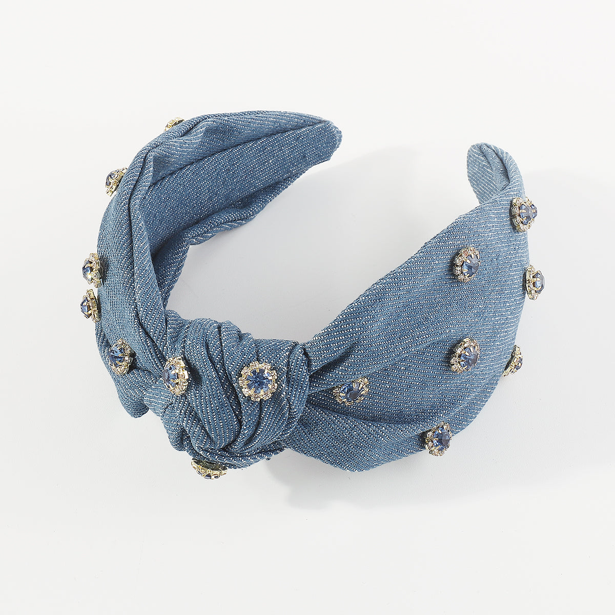 F6119 Wide Denim Crystal Embellished Knotted Headbands