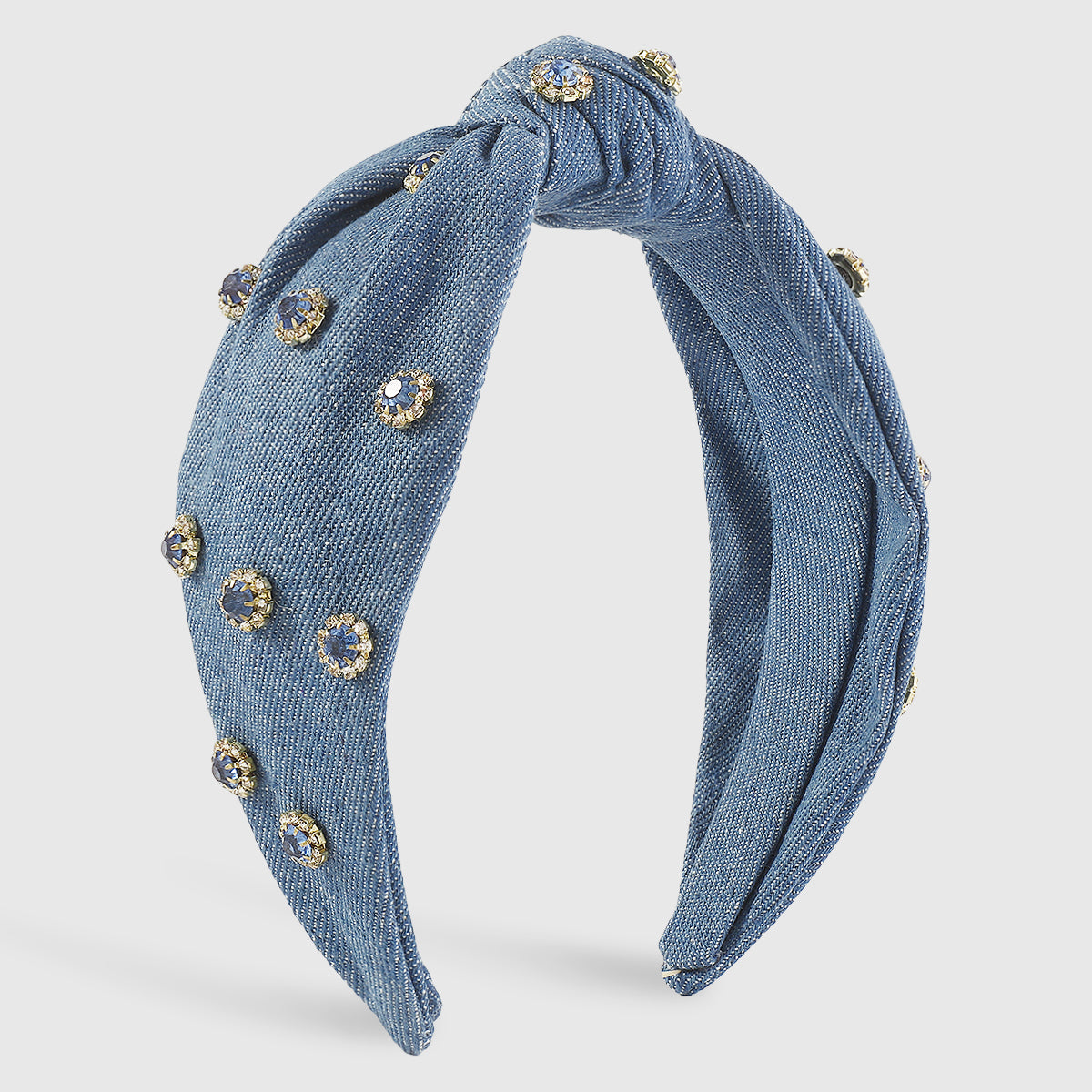 F6119 Wide Denim Crystal Embellished Knotted Headbands