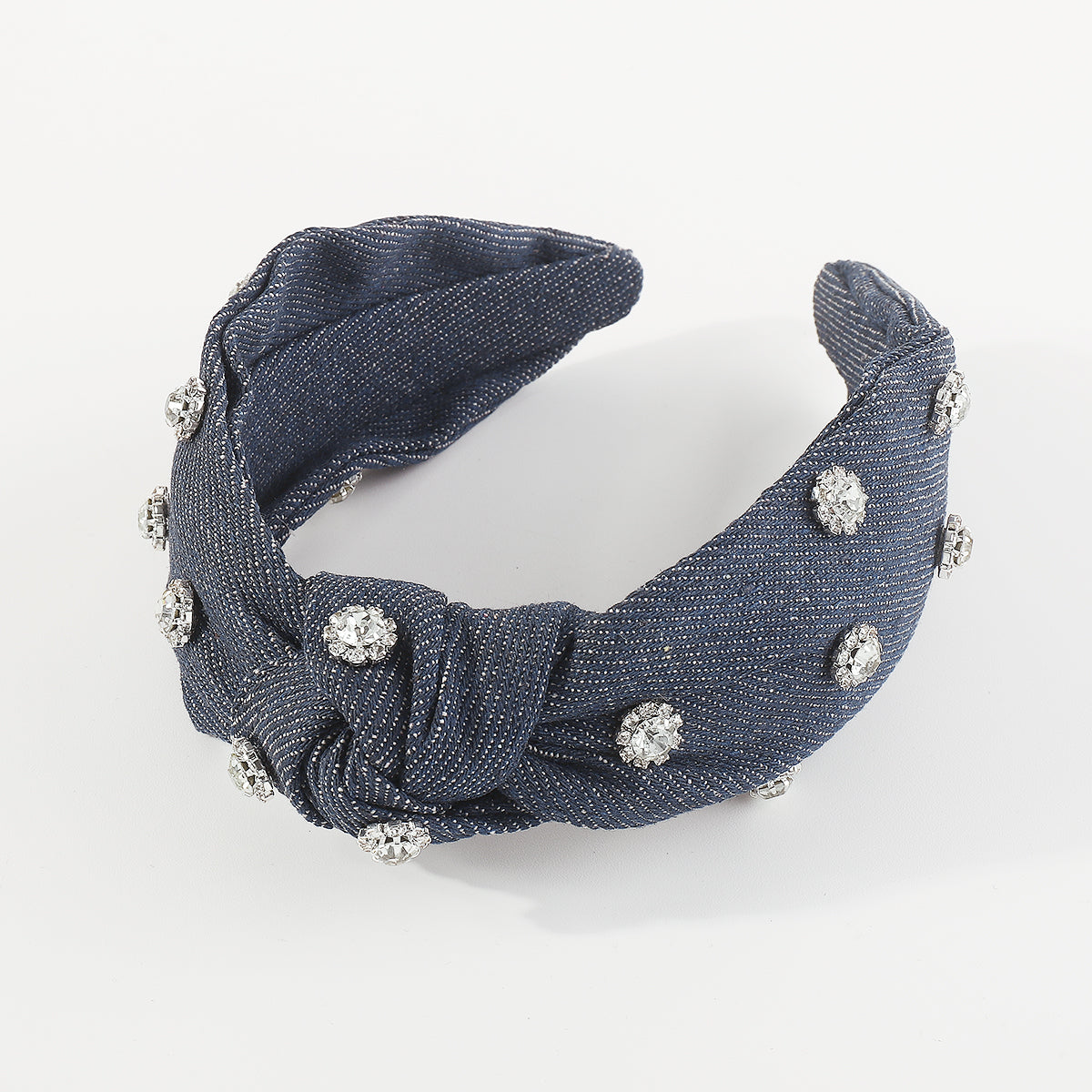 F6119 Wide Denim Crystal Embellished Knotted Headbands