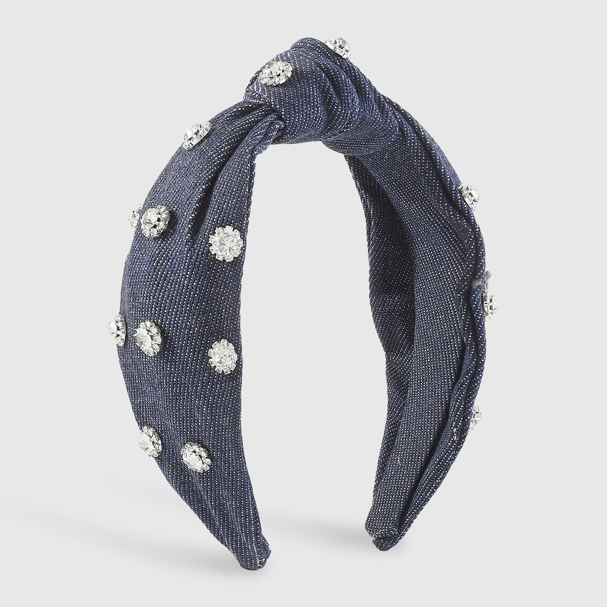 F6119 Wide Denim Crystal Embellished Knotted Headbands