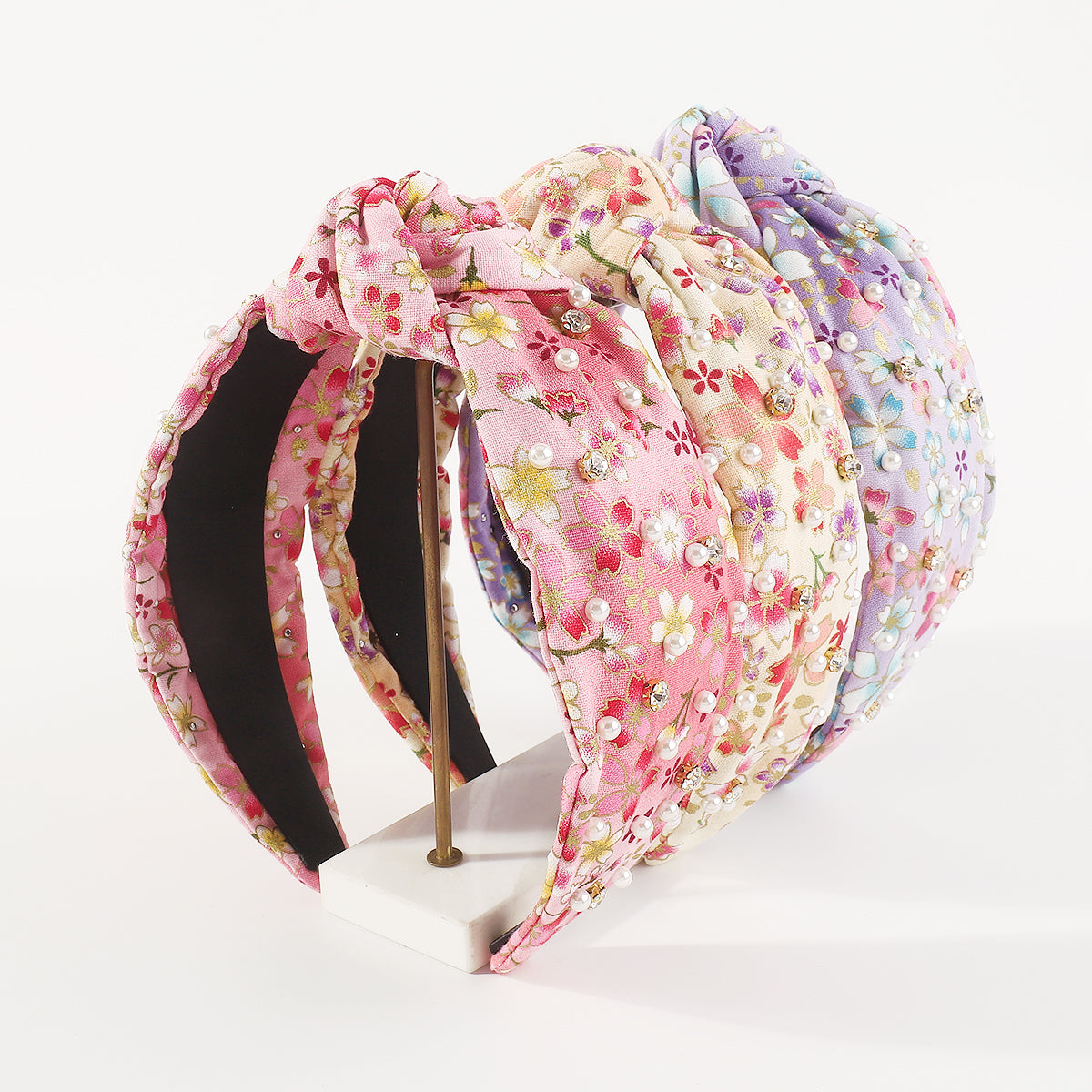 F6202 Cherry Blossom Pearl Rhinestone Knotted Headband