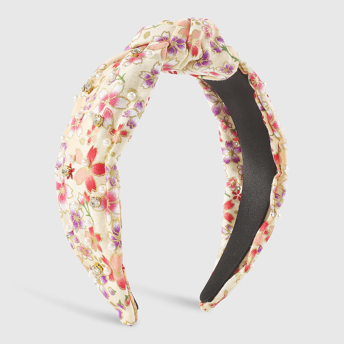F6202 Cherry Blossom Pearl Rhinestone Knotted Headband