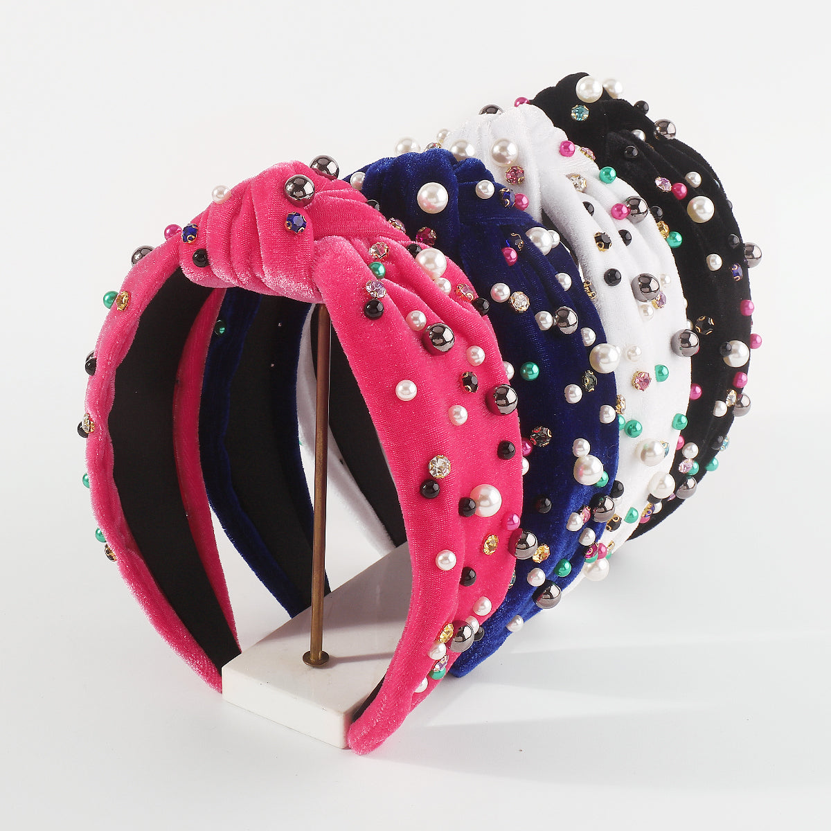 F6354 Velvet Rhinestone Pearl Beads Top Knot Headbands