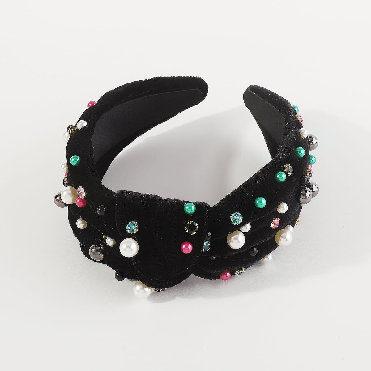 F6354 Velvet Rhinestone Pearl Beads Top Knot Headbands