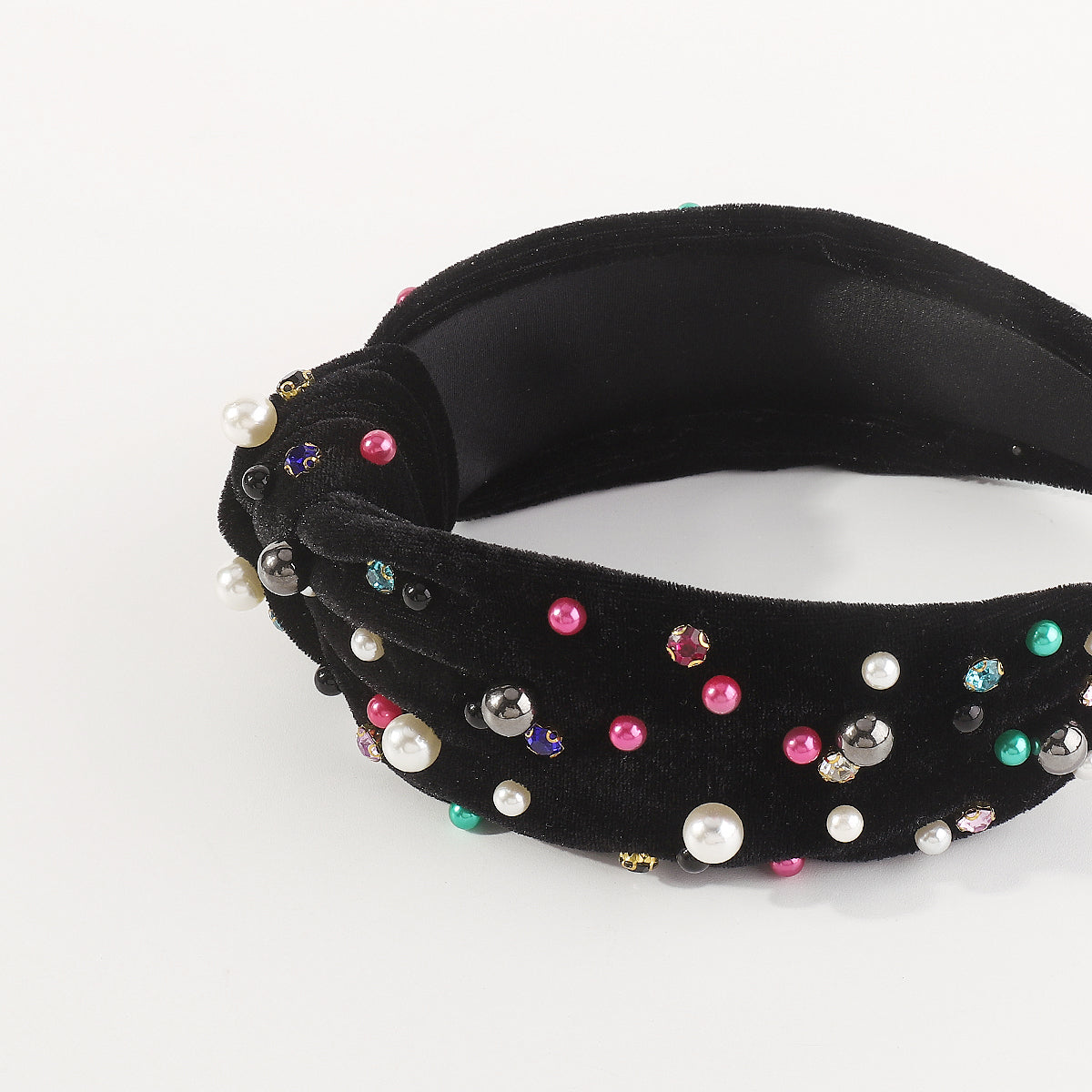 F6354 Velvet Rhinestone Pearl Beads Top Knot Headbands
