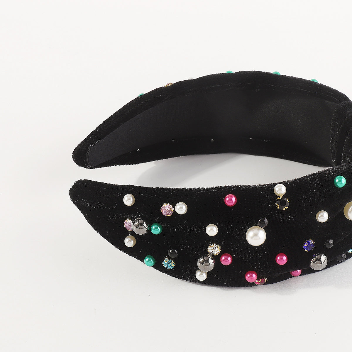 F6354 Velvet Rhinestone Pearl Beads Top Knot Headbands