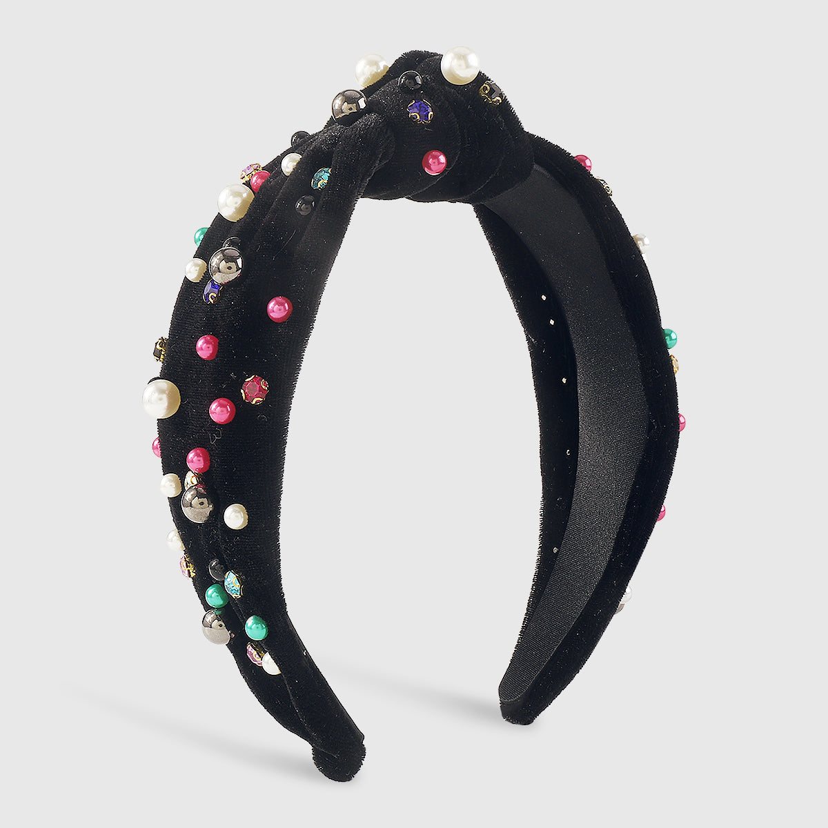 F6354 Velvet Rhinestone Pearl Beads Top Knot Headbands