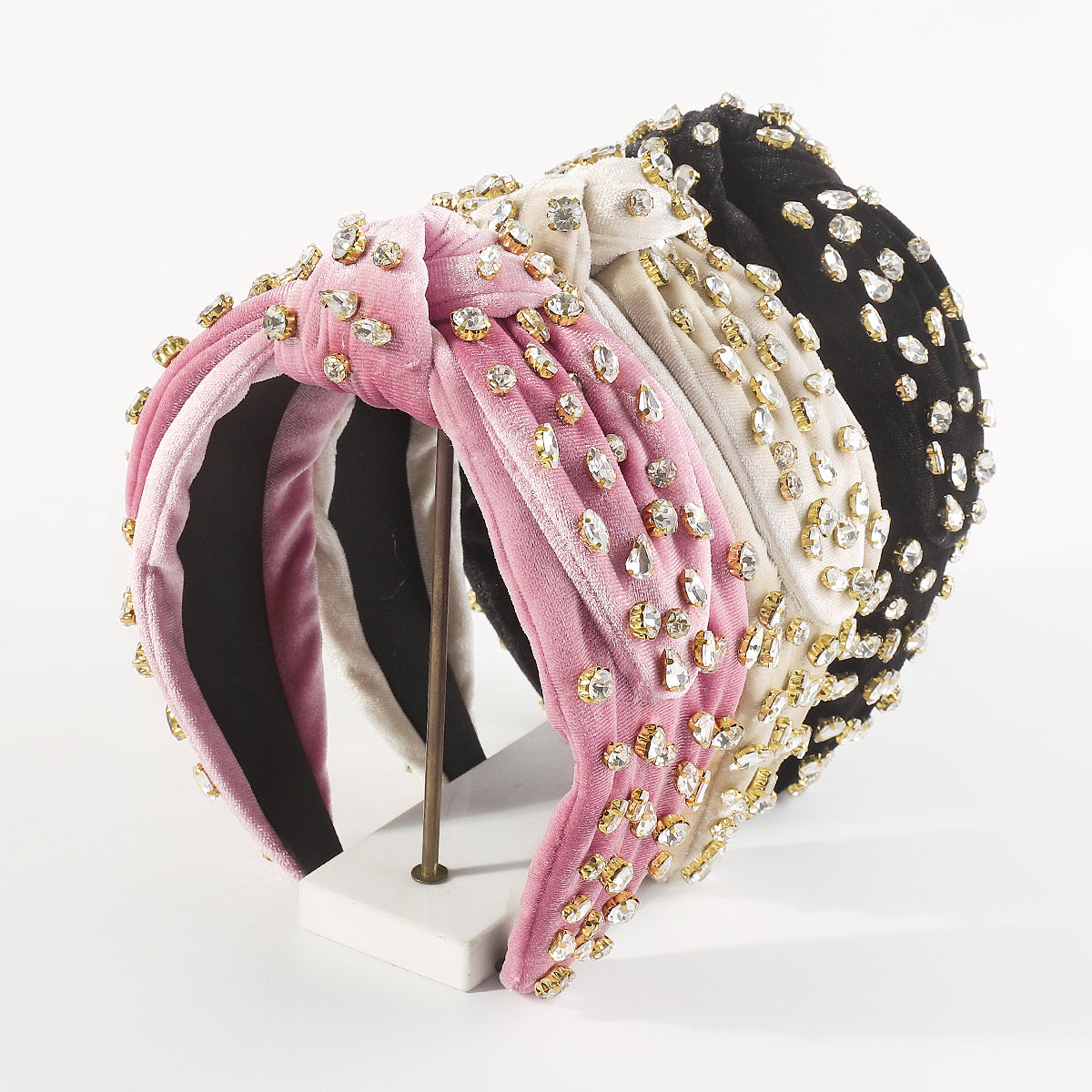 F6408 Velvet Centered Tapered Bow Rhinestone Headband