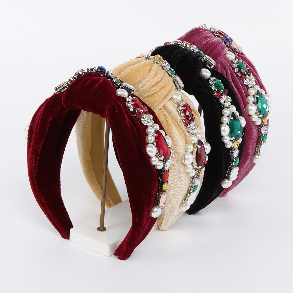 F6635 Velvet Big Pearl Crystal Top Knot Headband