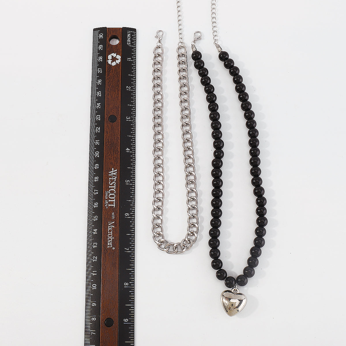 N10411 Black Beads Chain Collar Heart Pendant Necklace