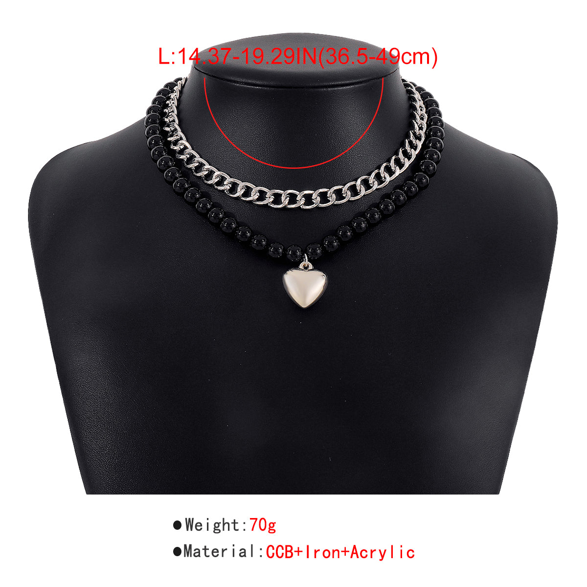 N10411 Black Beads Chain Collar Heart Pendant Necklace