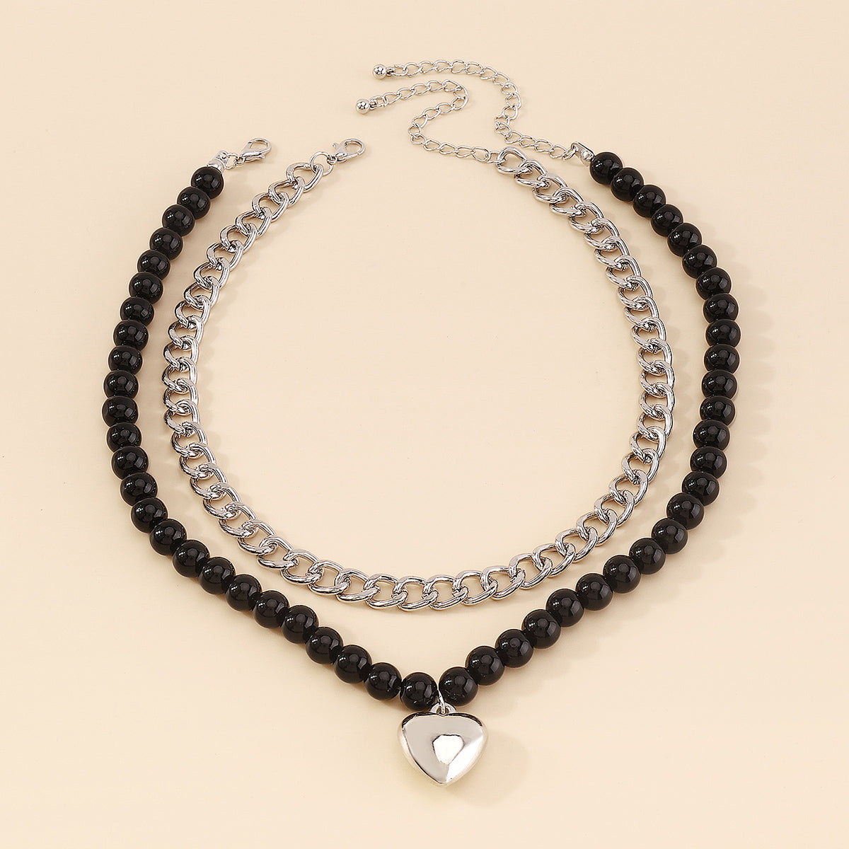 N10411 Black Beads Chain Collar Heart Pendant Necklace