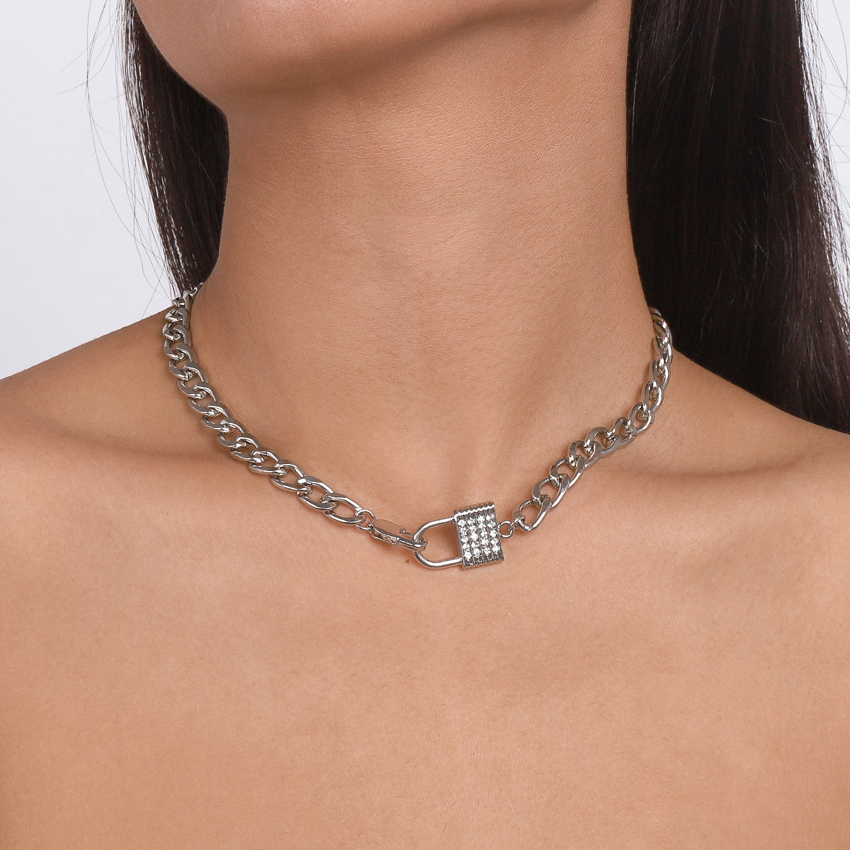 N10495 Rhinestone Padlock Choker Chain Necklace