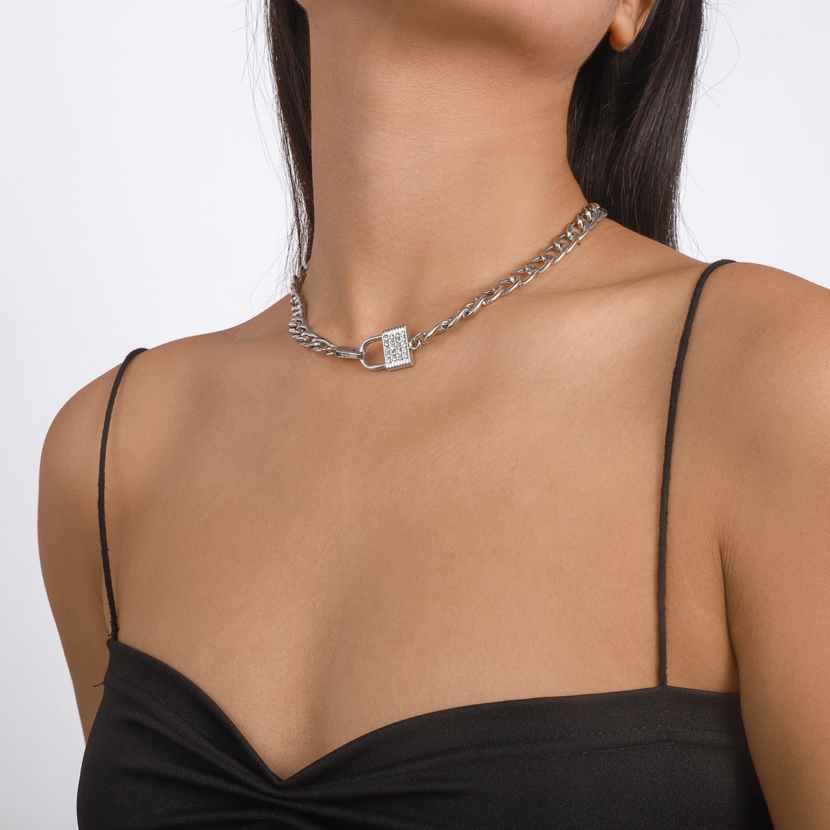 N10495 Rhinestone Padlock Choker Chain Necklace