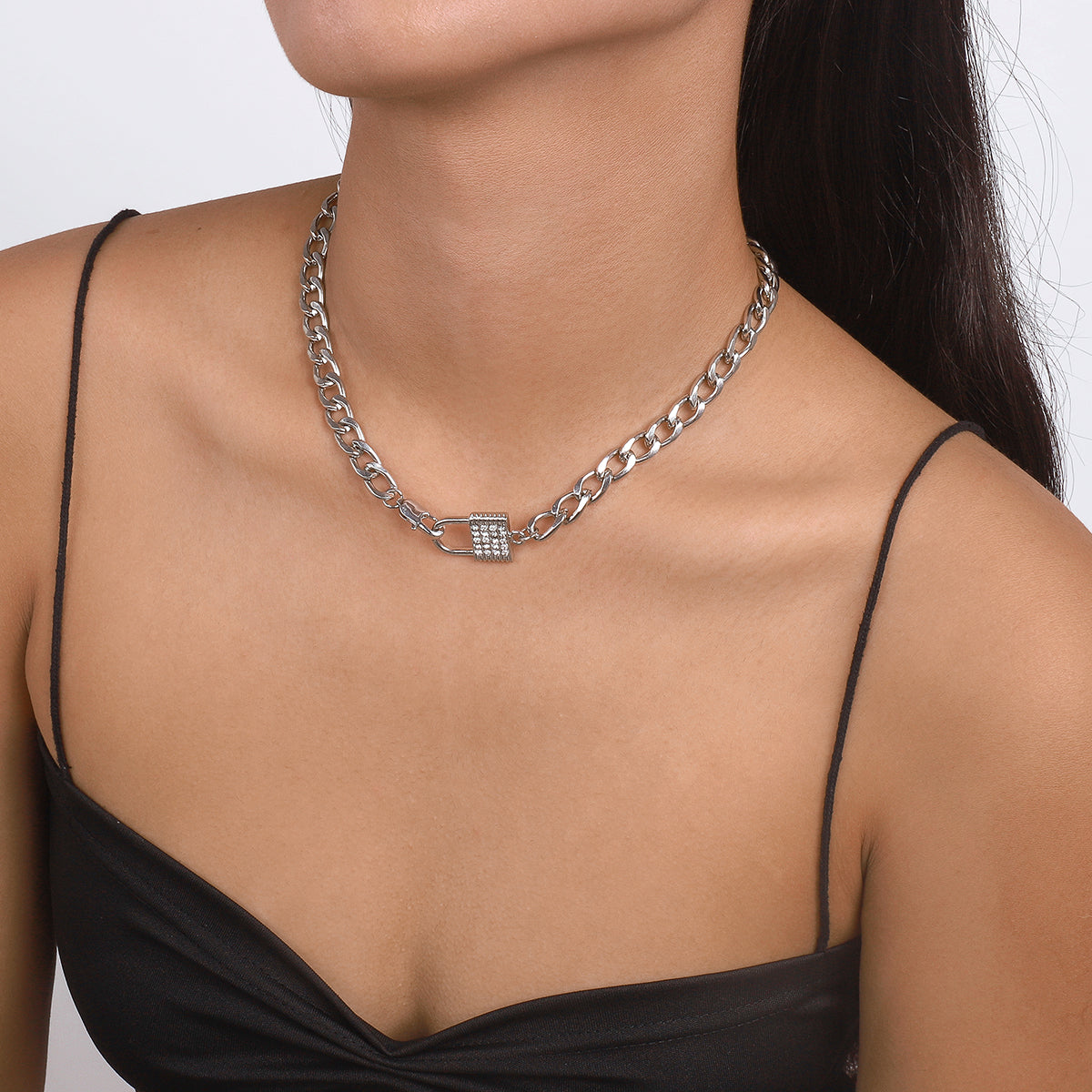 N10495 Rhinestone Padlock Choker Chain Necklace