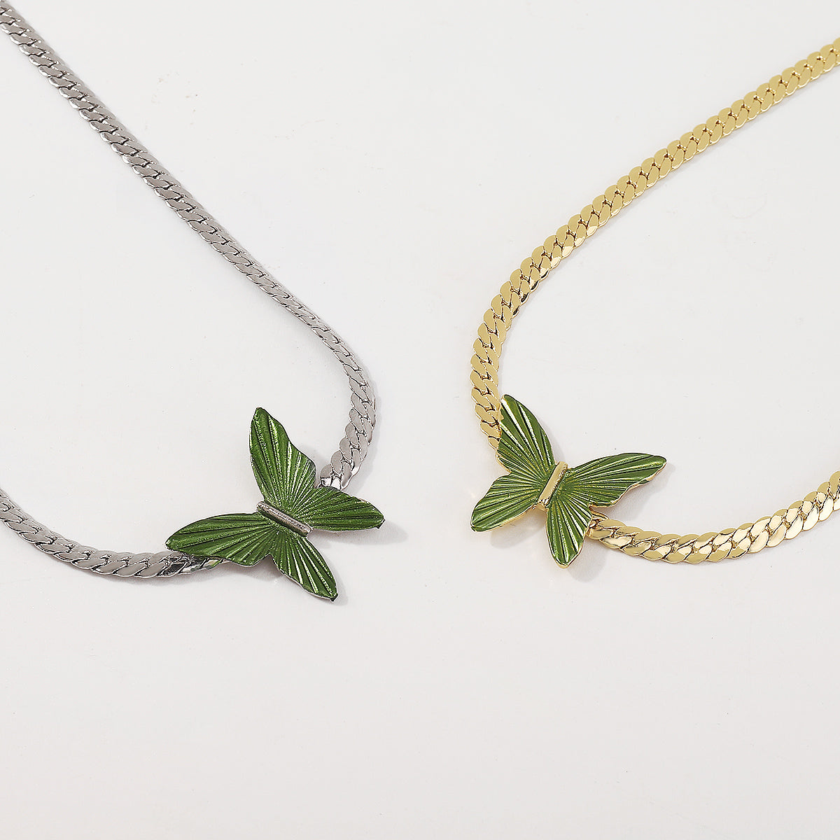 N10724 Cuban Link Chain Green Butterfly Choker Necklace