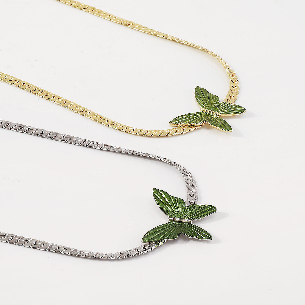 N10724 Cuban Link Chain Green Butterfly Choker Necklace