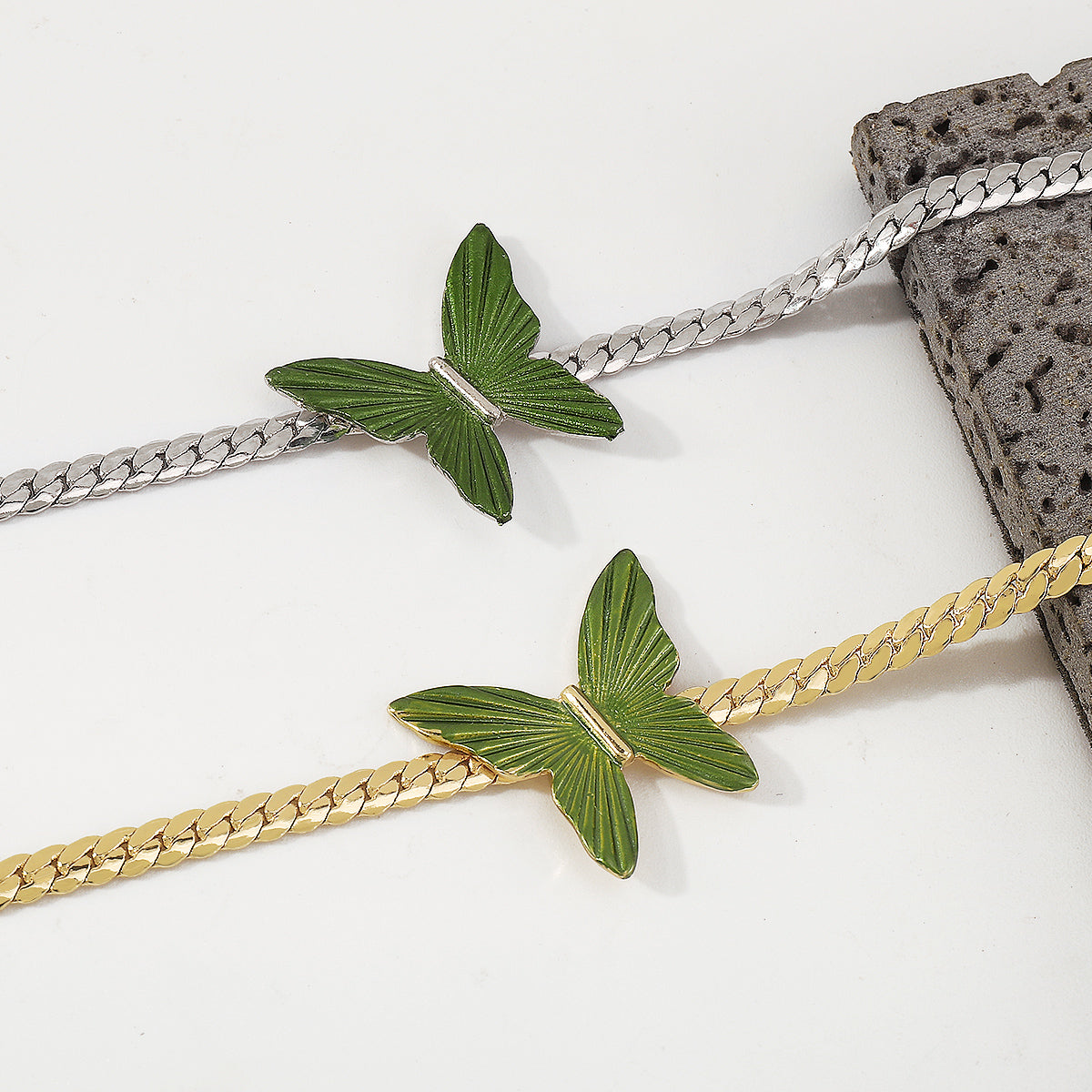 N10724 Cuban Link Chain Green Butterfly Choker Necklace
