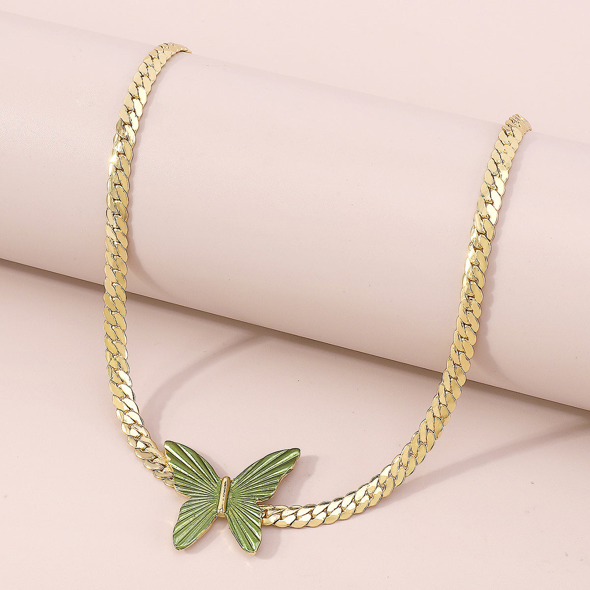 N10724 Cuban Link Chain Green Butterfly Choker Necklace