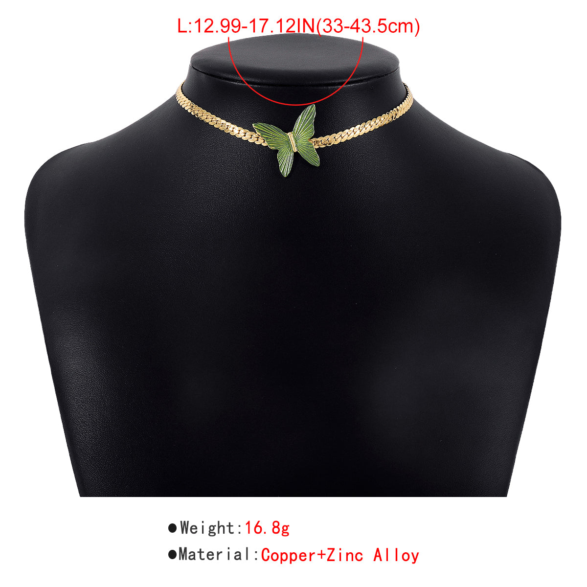 N10724 Cuban Link Chain Green Butterfly Choker Necklace