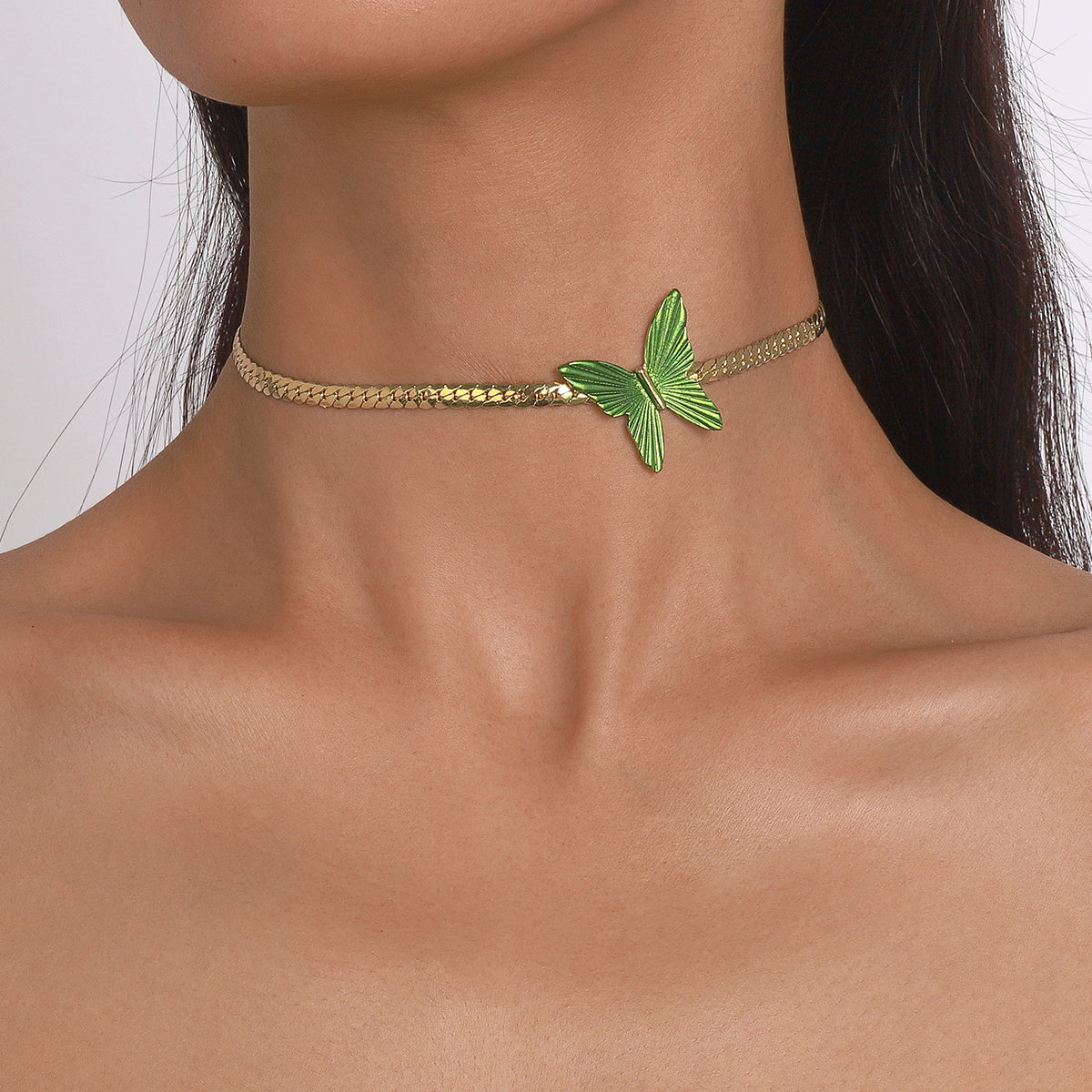 N10724 Cuban Link Chain Green Butterfly Choker Necklace