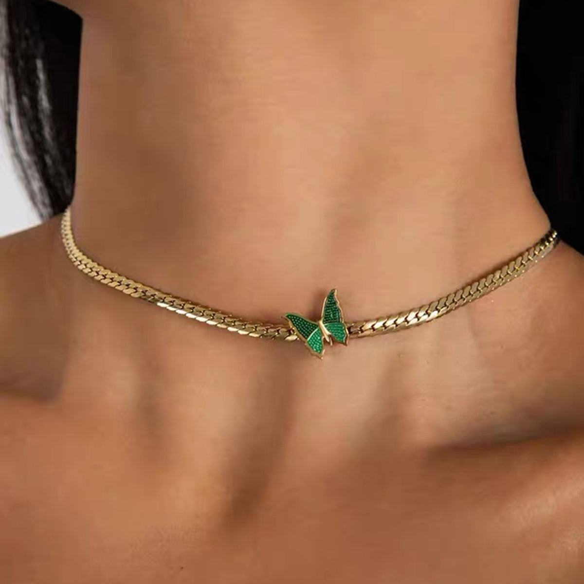 N10724 Cuban Link Chain Green Butterfly Choker Necklace